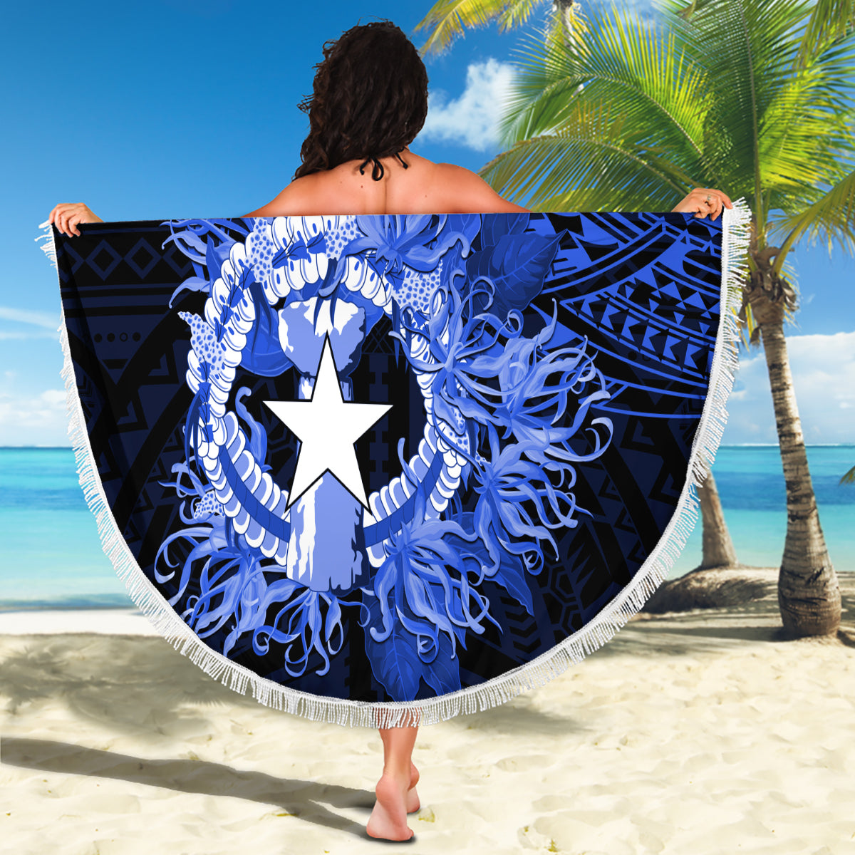 Northern Mariana Islands Ylang-ylang Mwarmwar Beach Blanket Polynesian Blue Style LT9 - Polynesian Pride