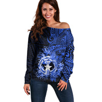 Northern Mariana Islands Ylang-ylang Mwarmwar Off Shoulder Sweater Polynesian Blue Style LT9 Women Blue - Polynesian Pride
