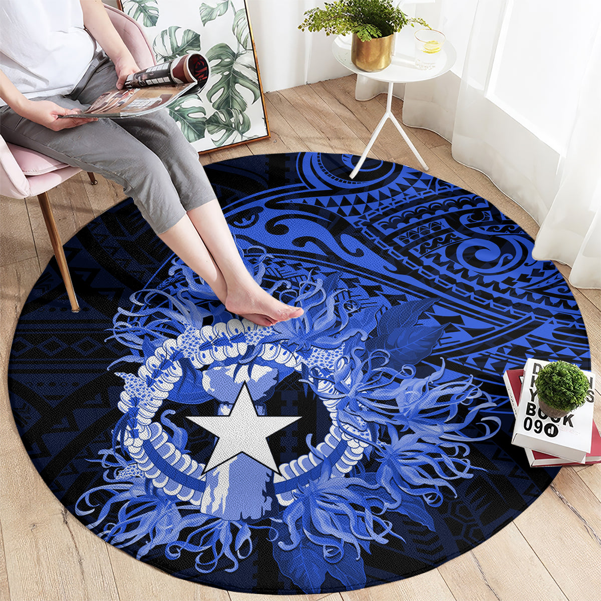 Northern Mariana Islands Ylang-ylang Mwarmwar Round Carpet Polynesian Blue Style LT9 - Polynesian Pride