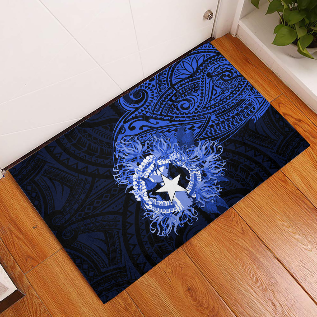 Northern Mariana Islands Ylang-ylang Mwarmwar Rubber Doormat Polynesian Blue Style LT9 Blue - Polynesian Pride