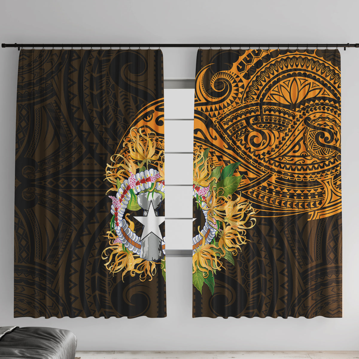 Northern Mariana Islands Ylang-ylang Mwarmwar Window Curtain Polynesian Gold Style LT9 With Hooks Gold - Polynesian Pride