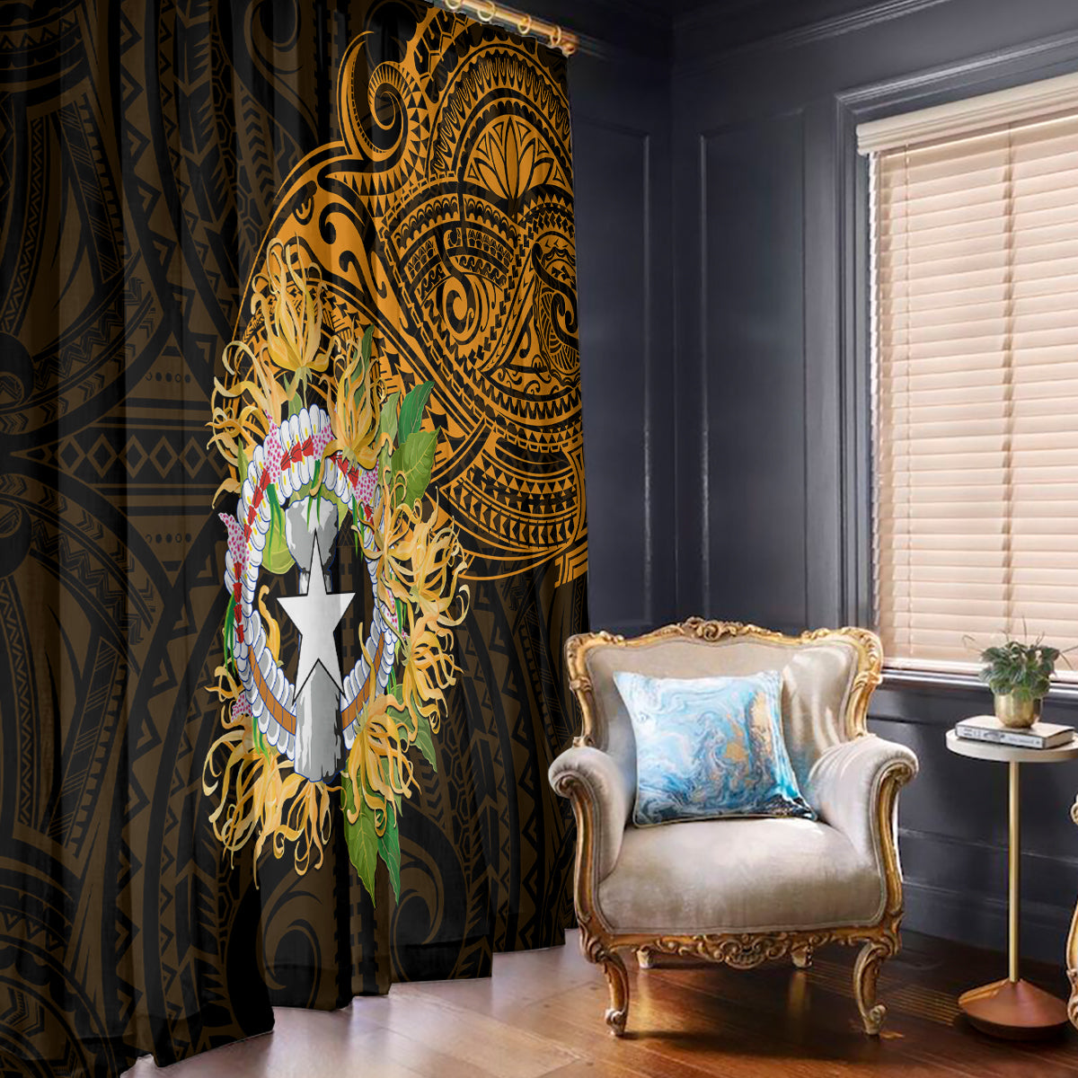Northern Mariana Islands Ylang-ylang Mwarmwar Window Curtain Polynesian Gold Style LT9 - Polynesian Pride