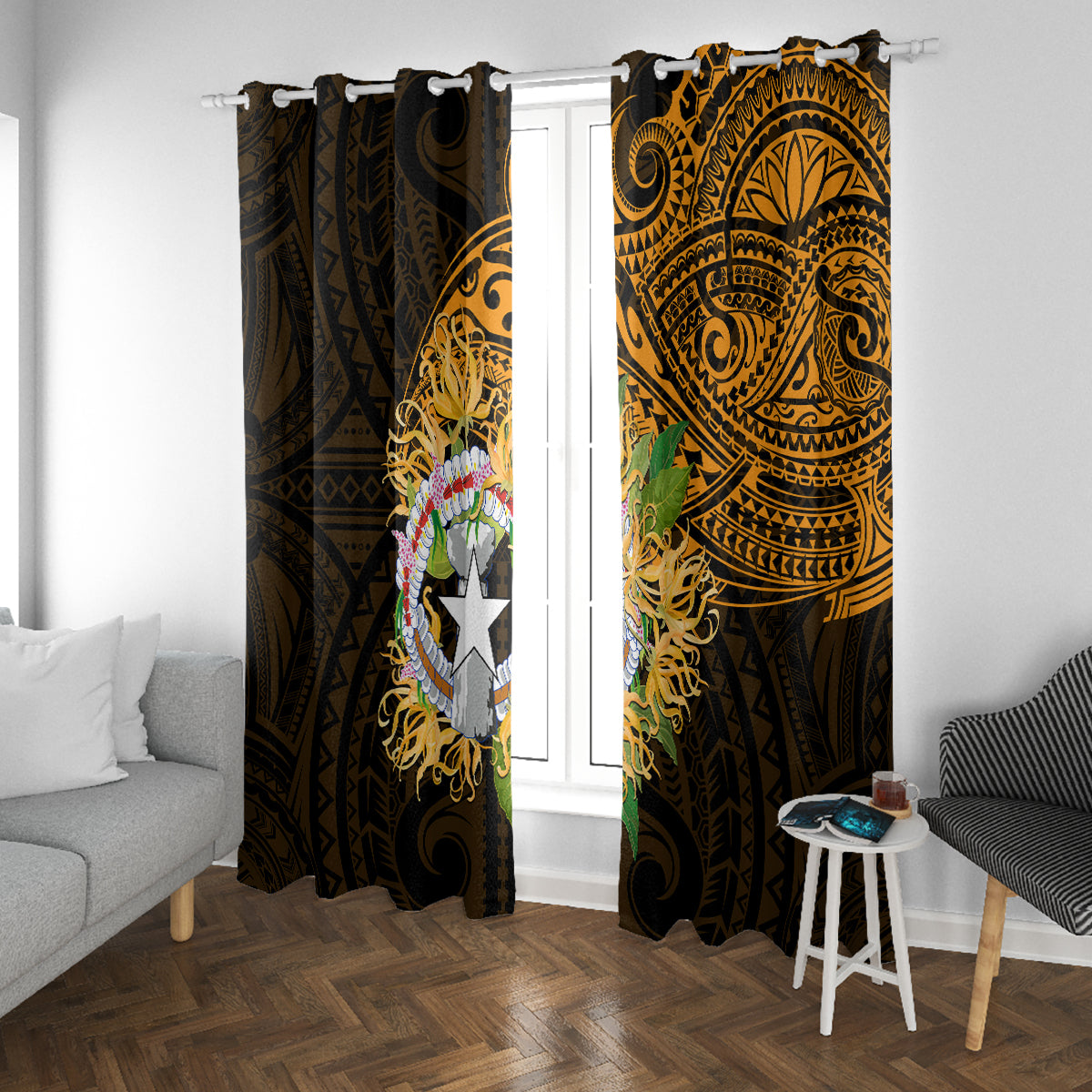 Northern Mariana Islands Ylang-ylang Mwarmwar Window Curtain Polynesian Gold Style LT9 With Grommets Gold - Polynesian Pride
