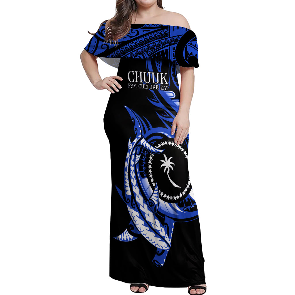 Personalised Chuuk FSM Culture Day Off Shoulder Maxi Dress Hammerhead Shark Tattoo 2024 LT9 Women Blue - Polynesian Pride