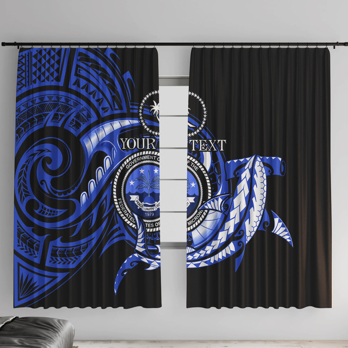 Personalised Chuuk FSM Culture Day Window Curtain Hammerhead Shark Tattoo 2024 LT9 With Hooks Blue - Polynesian Pride