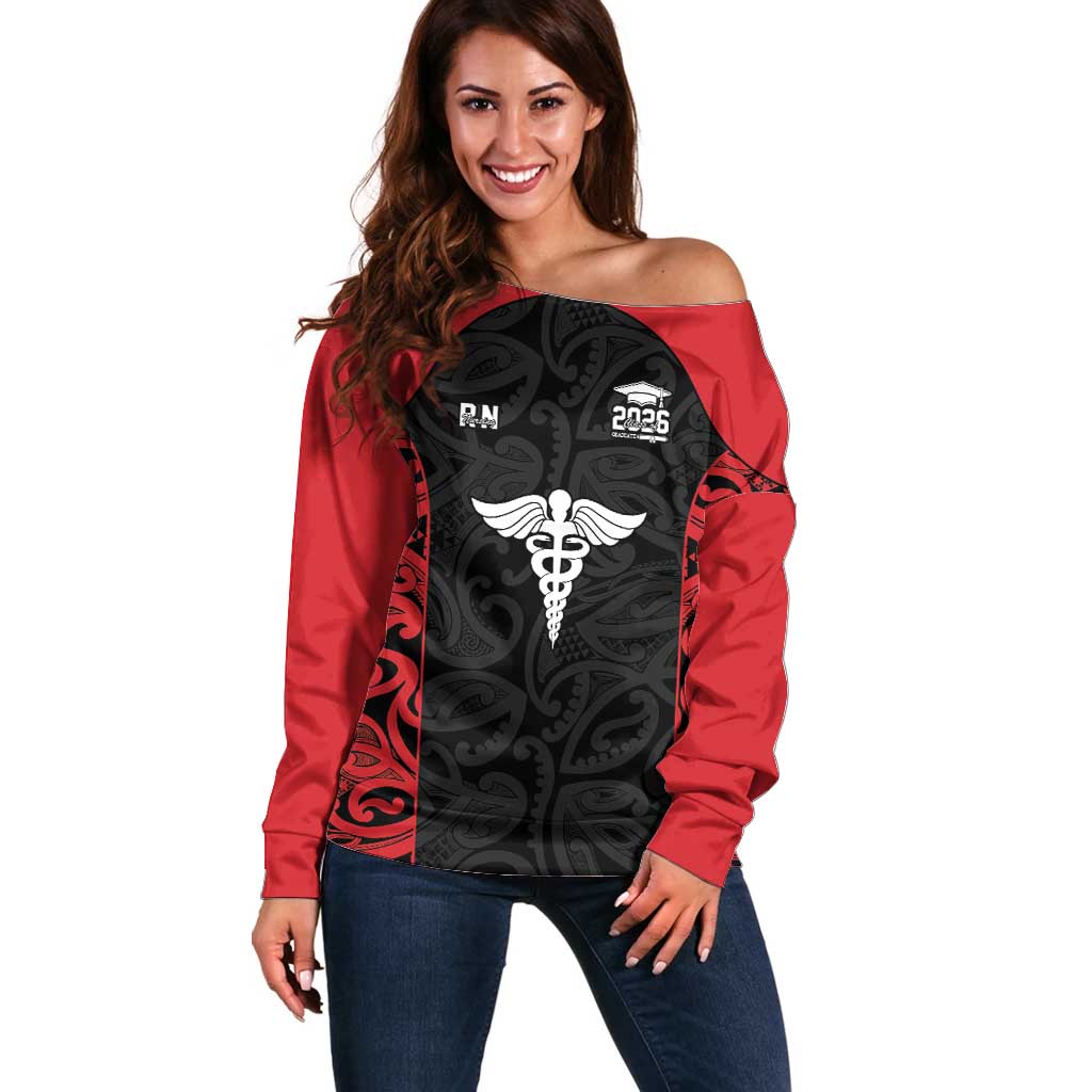 New Zealand Nurse RN 2026 Personalised Off Shoulder Sweater Red Maori Pattern Cultural Pride LT9 Women Red - Polynesian Pride