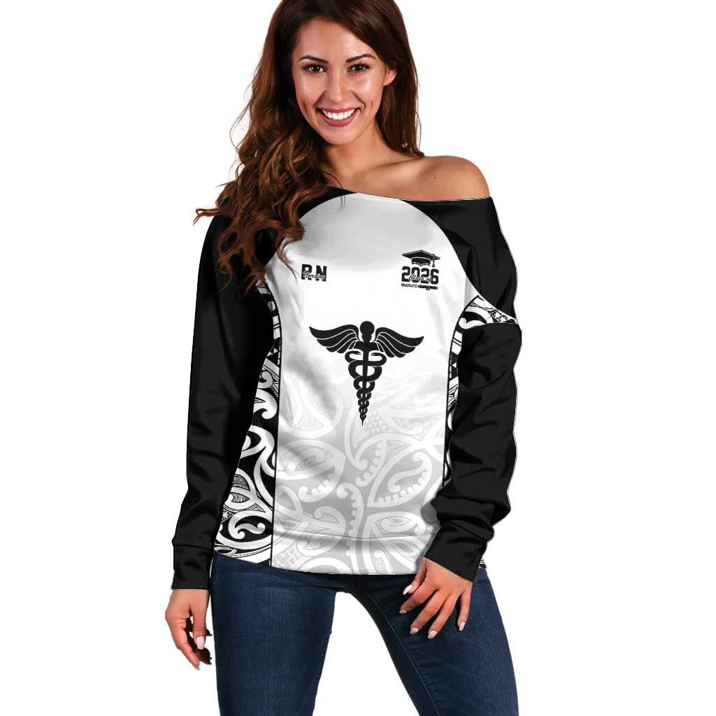 New Zealand Nurse RN 2026 Personalised Off Shoulder Sweater White Maori Pattern Cultural Pride LT9 Women White - Polynesian Pride