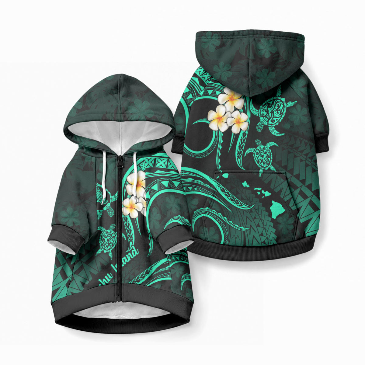 Hawaii Oahu Islands Pet Hoodie Pacific Plumeria Turquoise Vibe LT9 Zip-up Turquoise - Polynesian Pride