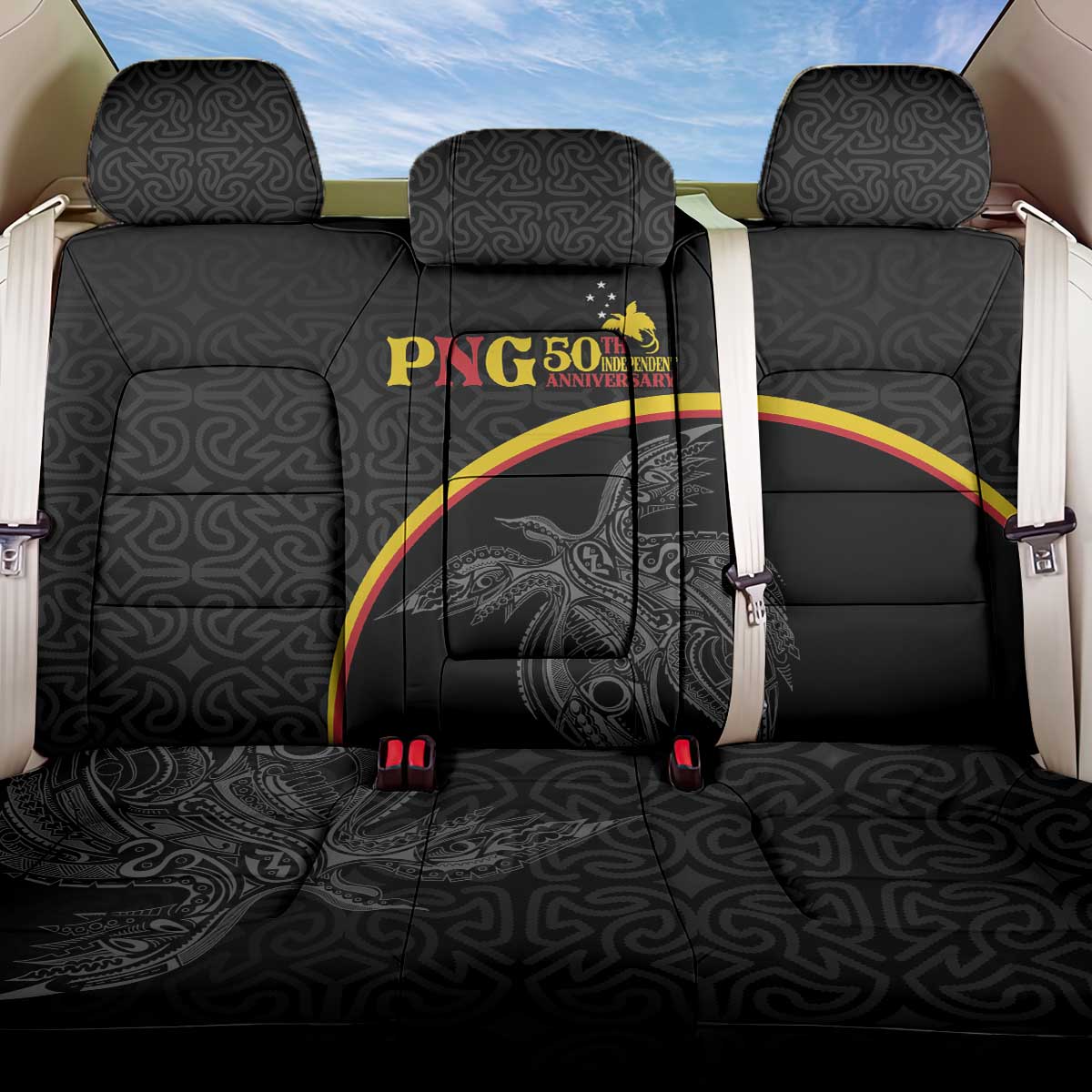 Papua New Guinea 50th Independence Day Back Car Seat Cover Simple Oro Tapa Pattern LT9 One Size Black - Polynesian Pride