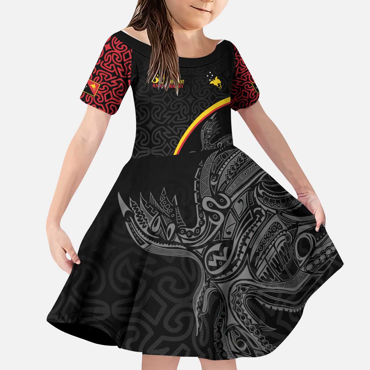 Papua New Guinea 50th Independence Day Kid Short Sleeve Dress Simple Oro Tapa Pattern LT9 KID Black - Polynesian Pride