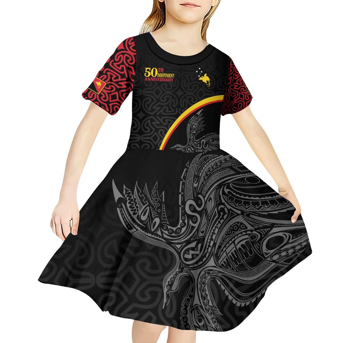 Papua New Guinea 50th Independence Day Kid Short Sleeve Dress Simple Oro Tapa Pattern LT9 - Polynesian Pride