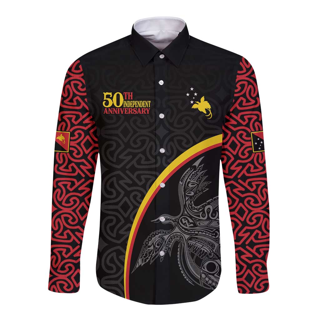 Papua New Guinea 50th Independence Day Long Sleeve Button Shirt Simple Oro Tapa Pattern LT9 Unisex Black - Polynesian Pride