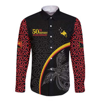 Papua New Guinea 50th Independence Day Long Sleeve Button Shirt Simple Oro Tapa Pattern LT9 Unisex Black - Polynesian Pride