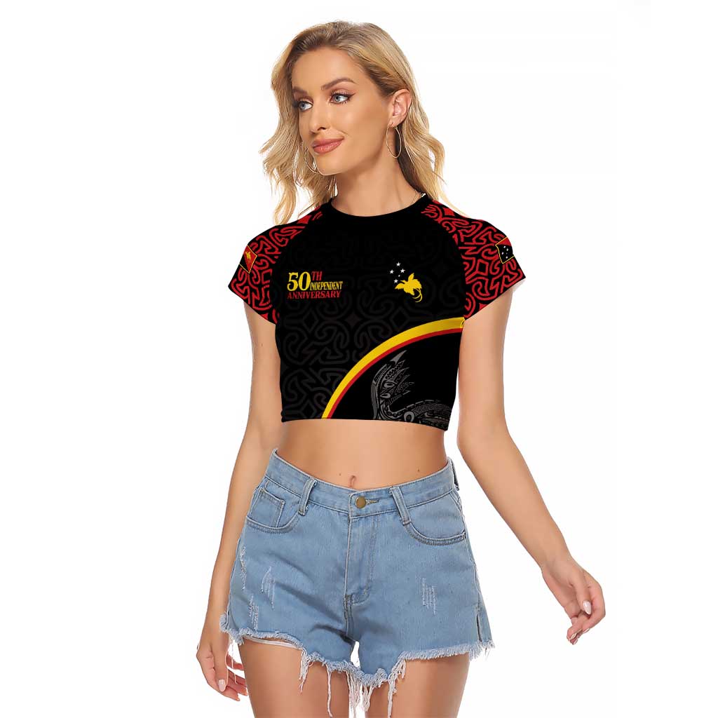 Papua New Guinea 50th Independence Day Raglan Cropped T Shirt Simple Oro Tapa Pattern LT9 Female Black - Polynesian Pride
