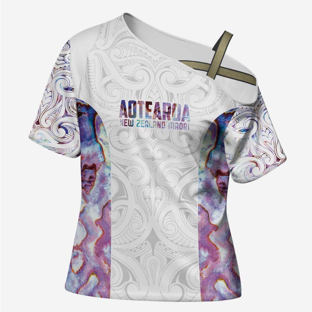 Custom New Zealand Aotearoa Cross Shoulder Shirt Pink Maori Paua Shell Indigenous LT9 Female Pink - Polynesian Pride
