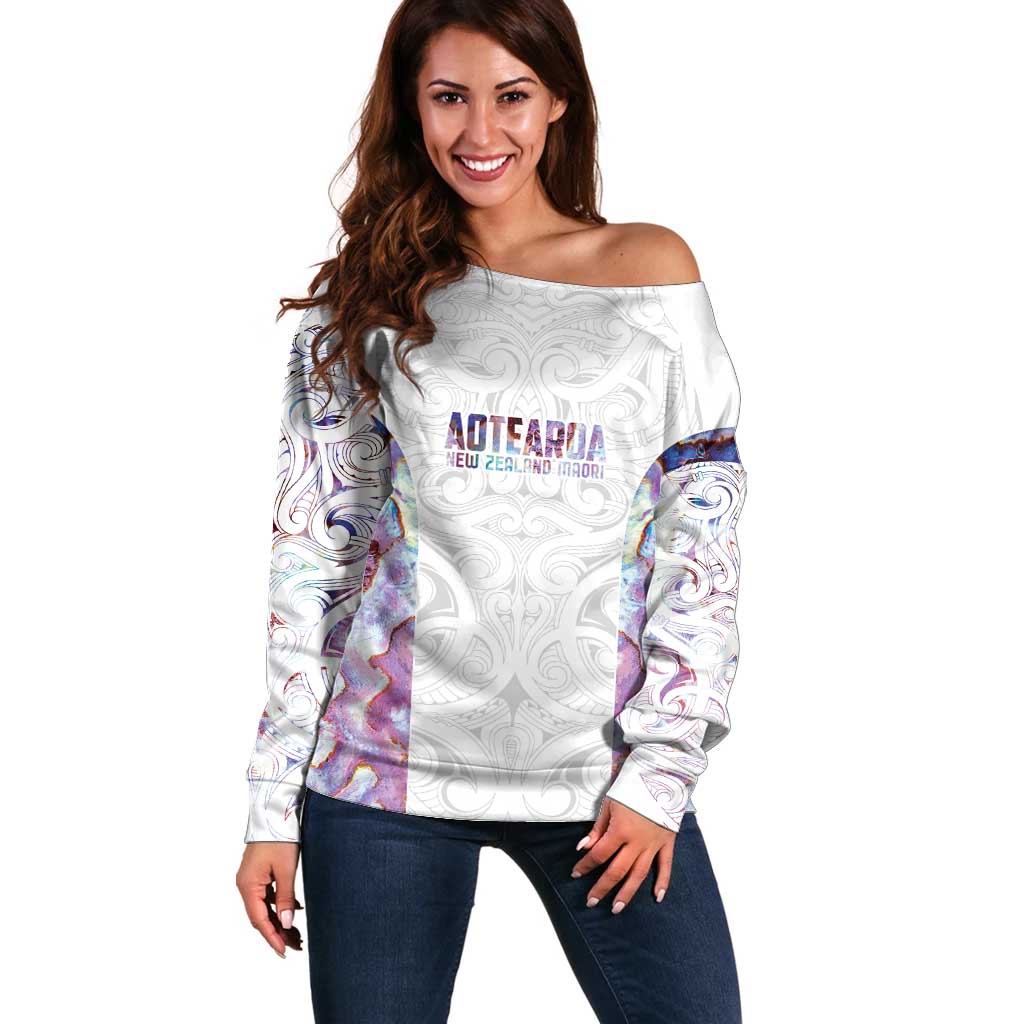 Custom New Zealand Aotearoa Off Shoulder Sweater Pink Maori Paua Shell Indigenous LT9 Women Pink - Polynesian Pride
