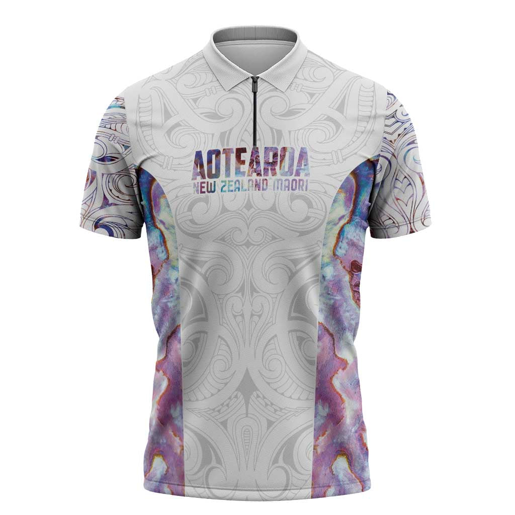 Custom New Zealand Aotearoa Zipper Polo Shirt Pink Maori Paua Shell Indigenous LT9 Pink - Polynesian Pride