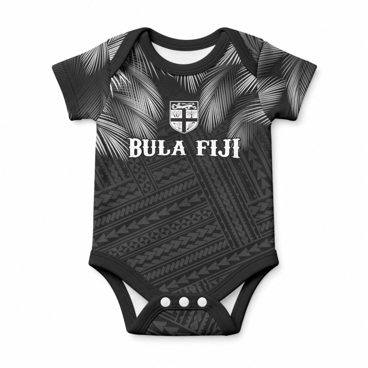 2026 Autumn Rugby Nations Fiji Custom Baby Onesie Fijian Palm Leaf Tapa Tribal Inspired LT9 Black - Polynesian Pride