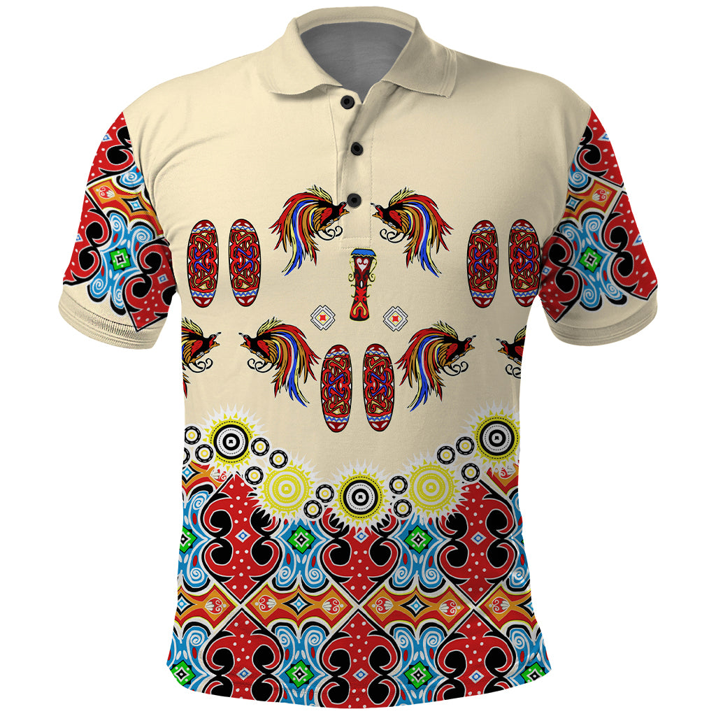 Papua Batik Motif Bird Of Paradise and Native Papuan Shield Polo Shirt LT9 Beige - Polynesian Pride