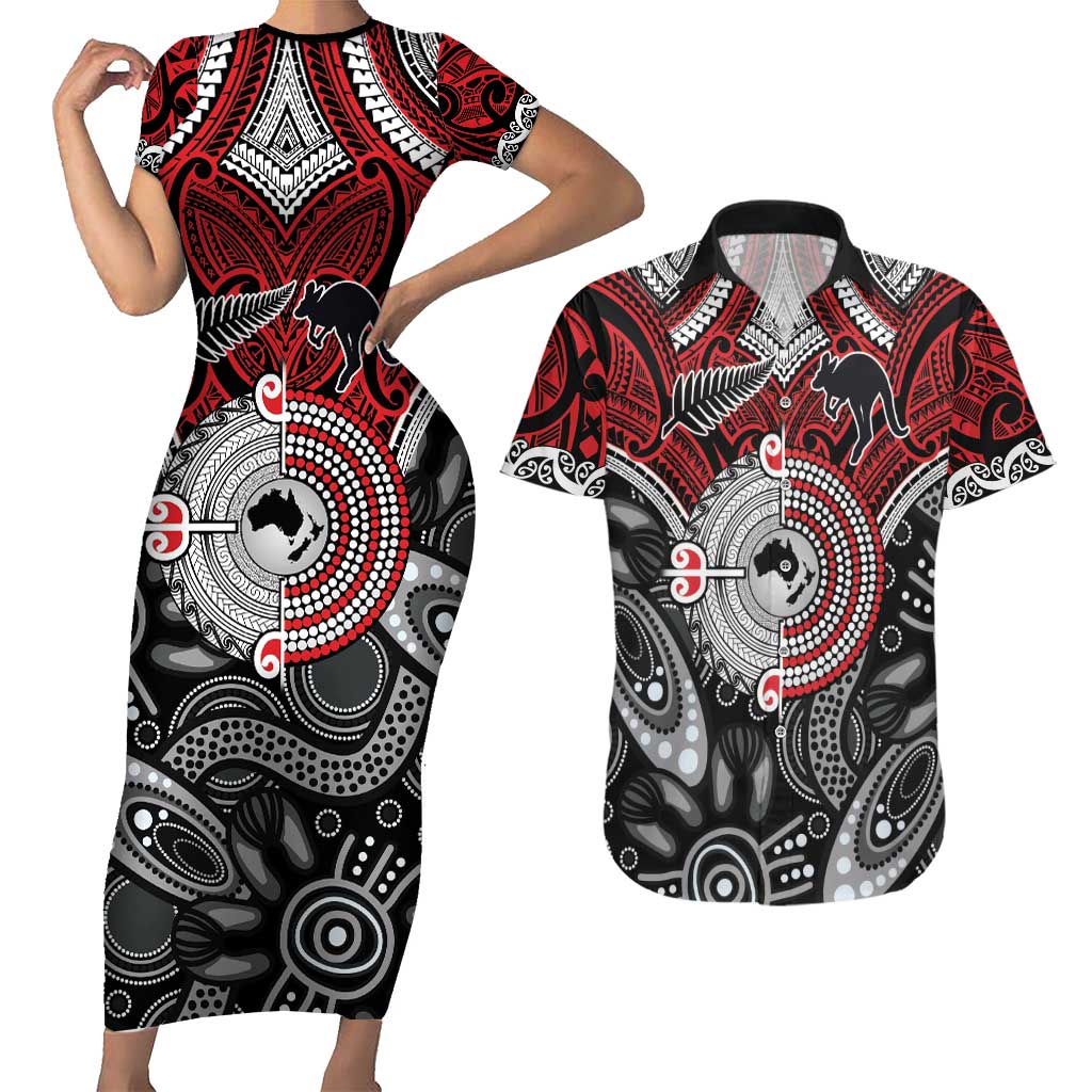 Aotearoa and Australia Couples Matching Short Sleeve Bodycon Dress and Hawaiian Shirt New Zealand Honour The Treaty Ake!Ake!Ake!