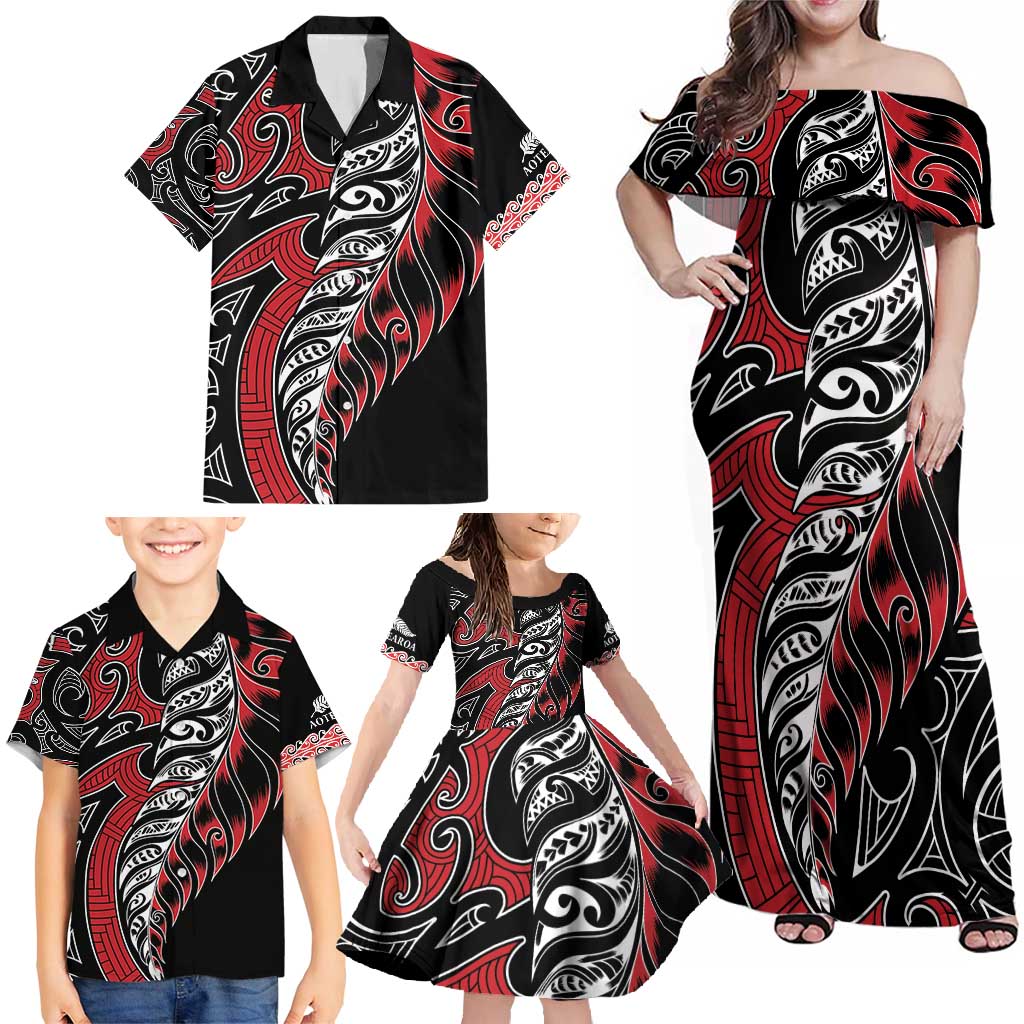 Koru Fern New Zealand Family Matching Off Shoulder Maxi Dress and Hawaiian Shirt Maori Tribal Pattern