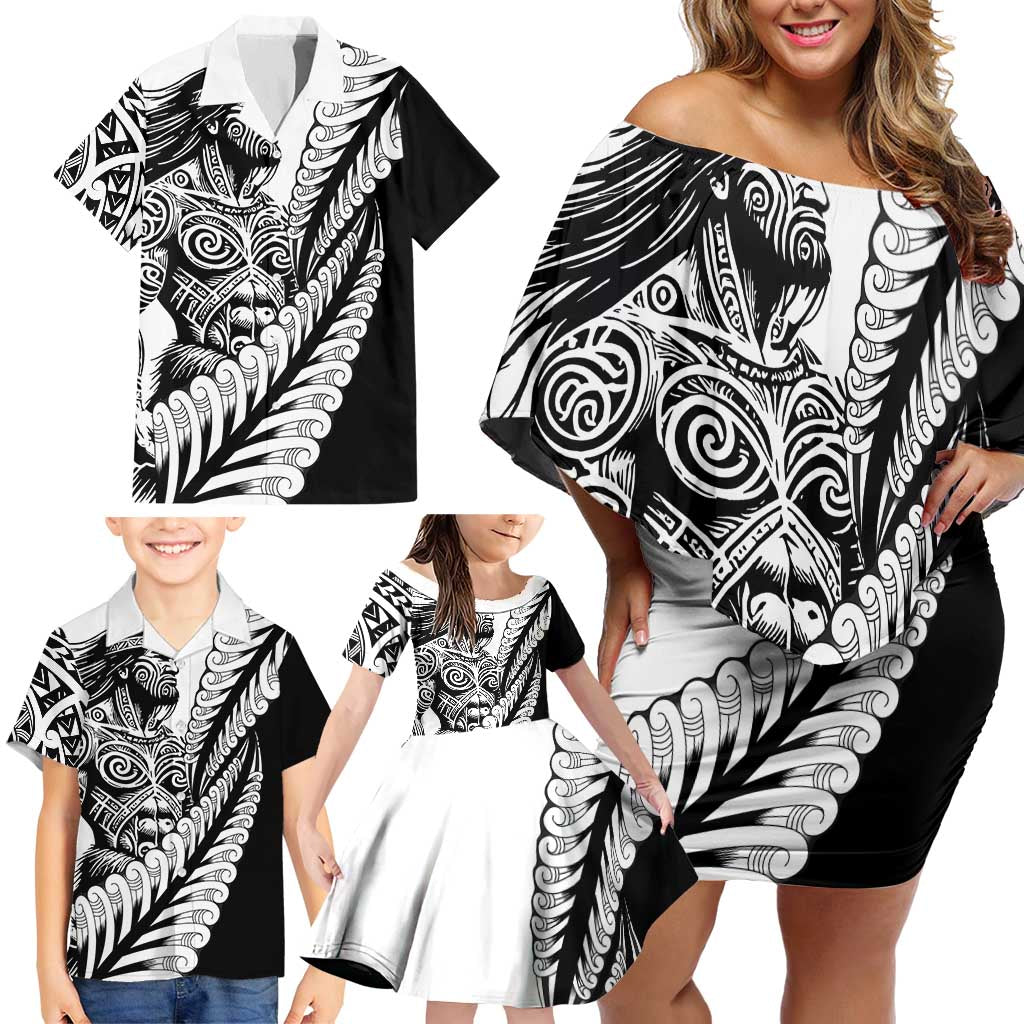 Koru Fern New Zealand Maori Tribal Warrior Family Matching Off Shoulder Short Dress and Hawaiian Shirt