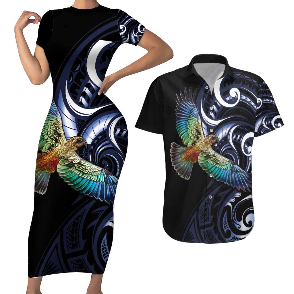 New Zealand Kea Bird Personalised Couples Matching Short Sleeve Bodycon Dress and Hawaiian Shirt Maori Tribal Koru Art