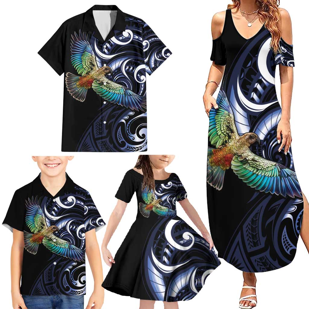 New Zealand Kea Bird Personalised Family Matching Summer Maxi Dress and Hawaiian Shirt Maori Tribal Koru Art