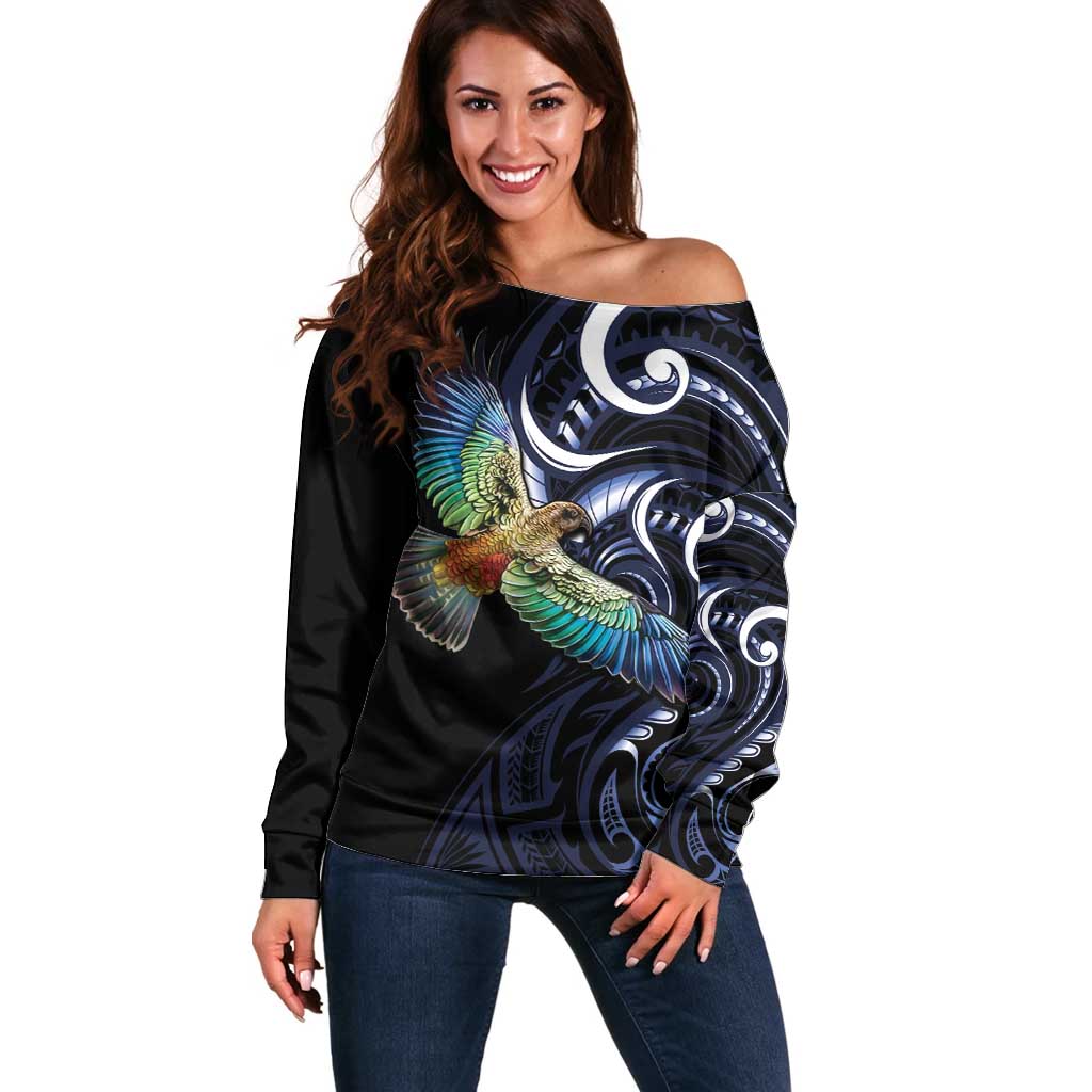 New Zealand Kea Bird Personalised Off Shoulder Sweater Maori Tribal Koru Art LT9 Women Blue - Polynesian Pride