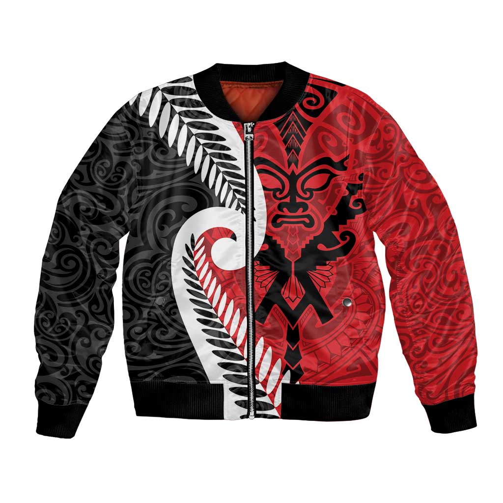 Silver Fern Koru Swirls with Maori Ta Moko Bomber Jacket LT9 Unisex Red - Polynesian Pride