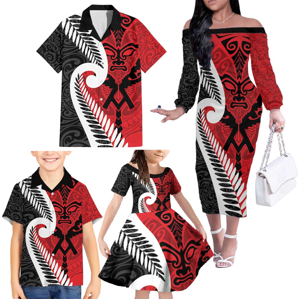 Silver Fern Koru Swirls with Maori Ta Moko Family Matching Off The Shoulder Long Sleeve Dress and Hawaiian Shirt