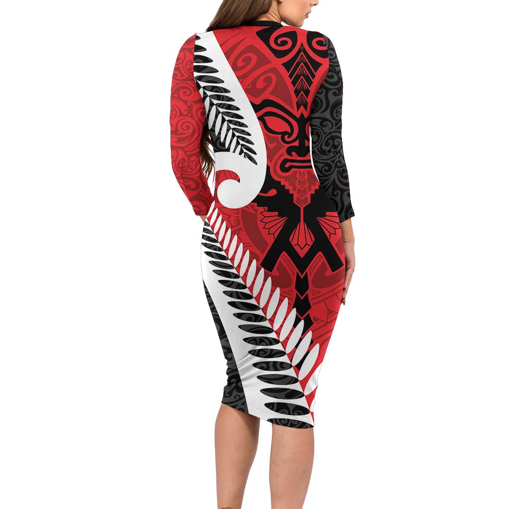Silver Fern Koru Swirls with Maori Ta Moko Long Sleeve Bodycon Dress LT9 - Polynesian Pride