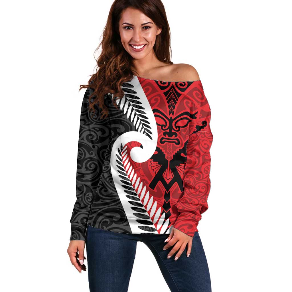 Silver Fern Koru Swirls with Maori Ta Moko Off Shoulder Sweater LT9 Women Red - Polynesian Pride