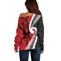 Silver Fern Koru Swirls with Maori Ta Moko Off Shoulder Sweater LT9 - Polynesian Pride