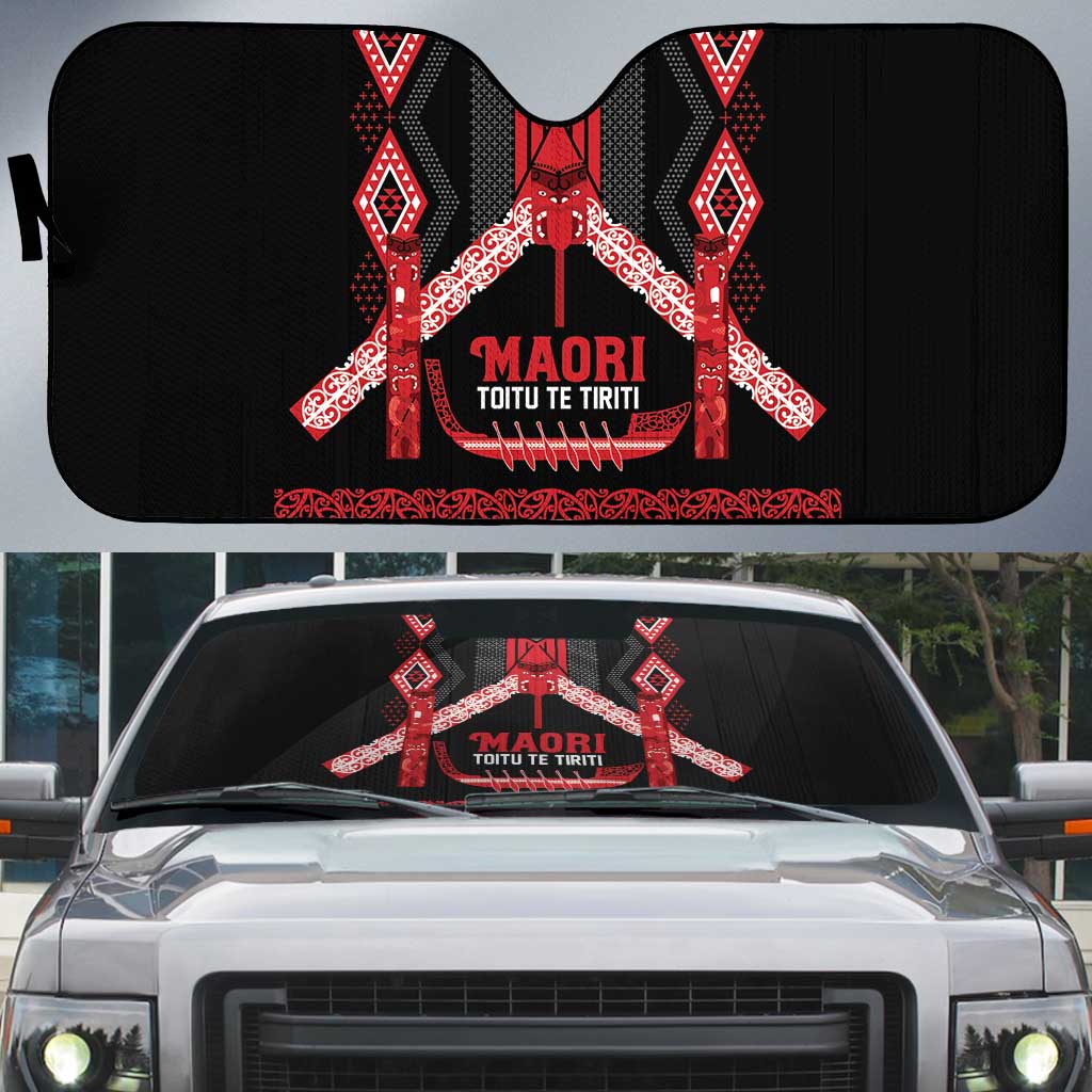Toitu Te Tiriti Waitangi Auto Sun Shade Black Wharenui House LT9 Black - Polynesian Pride