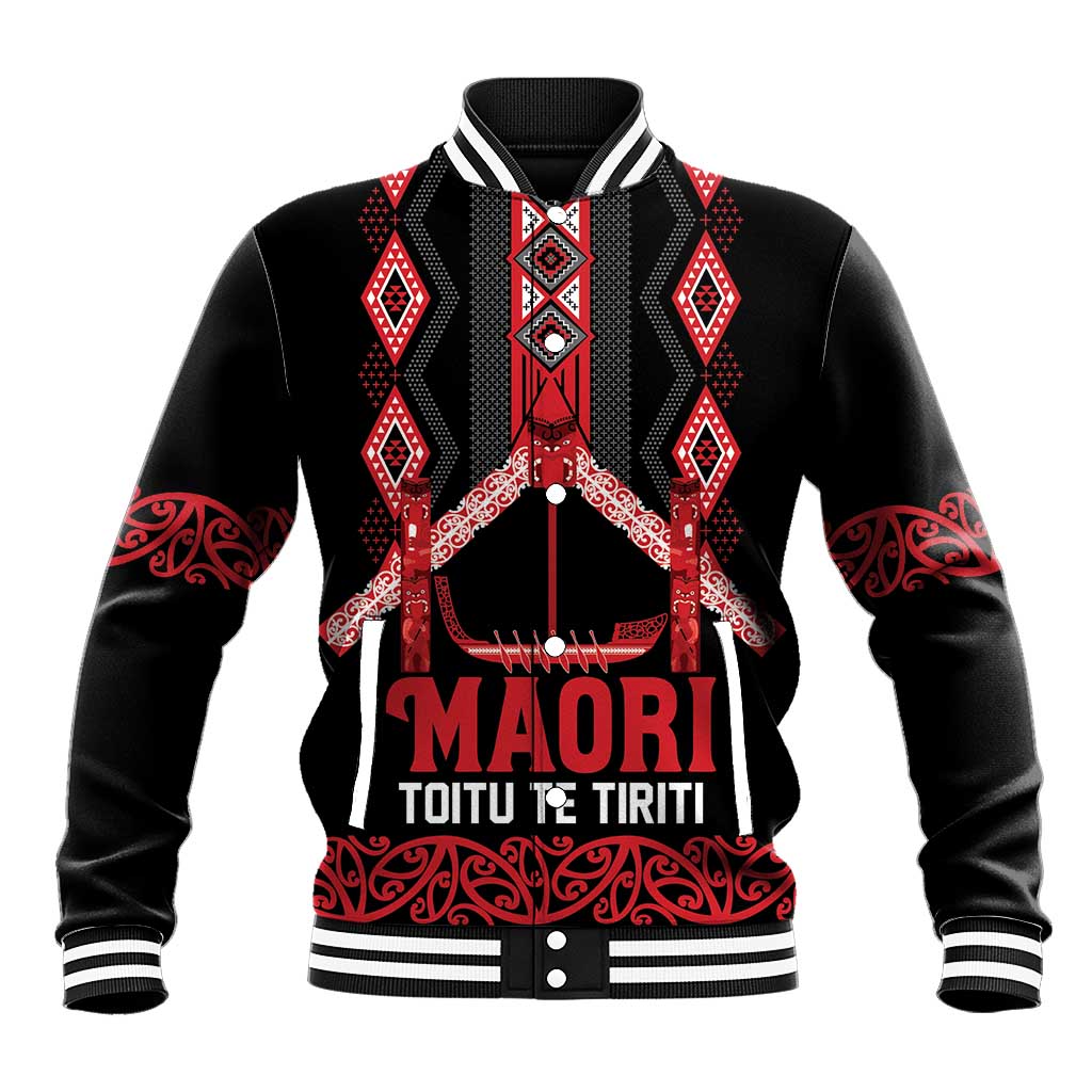 Toitu Te Tiriti Waitangi Baseball Jacket Black Wharenui House LT9 Unisex Black - Polynesian Pride