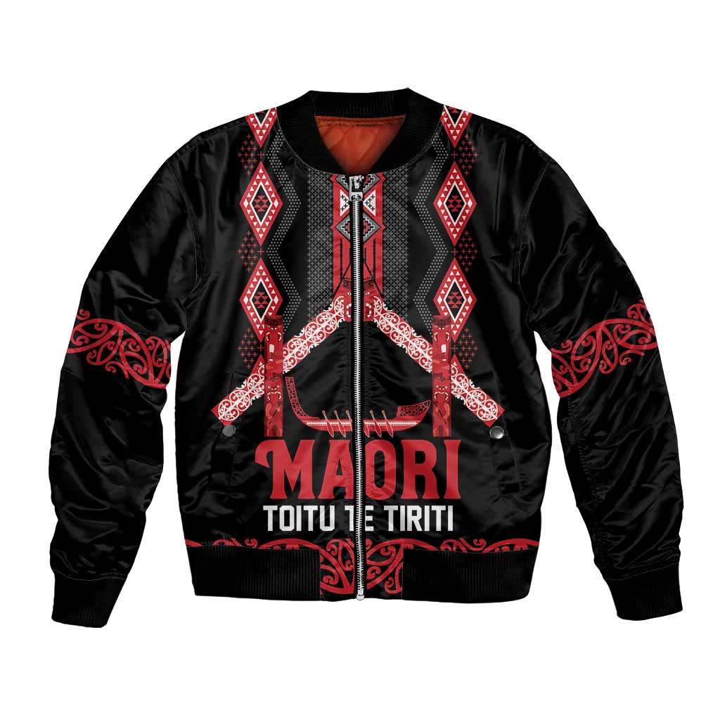 Toitu Te Tiriti Waitangi Bomber Jacket Black Wharenui House LT9 Unisex Black - Polynesian Pride