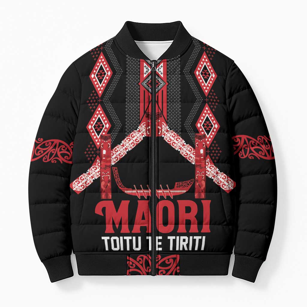 Toitu Te Tiriti Waitangi Bomber Puffer Jacket Black Wharenui House LT9 Unisex Black - Polynesian Pride