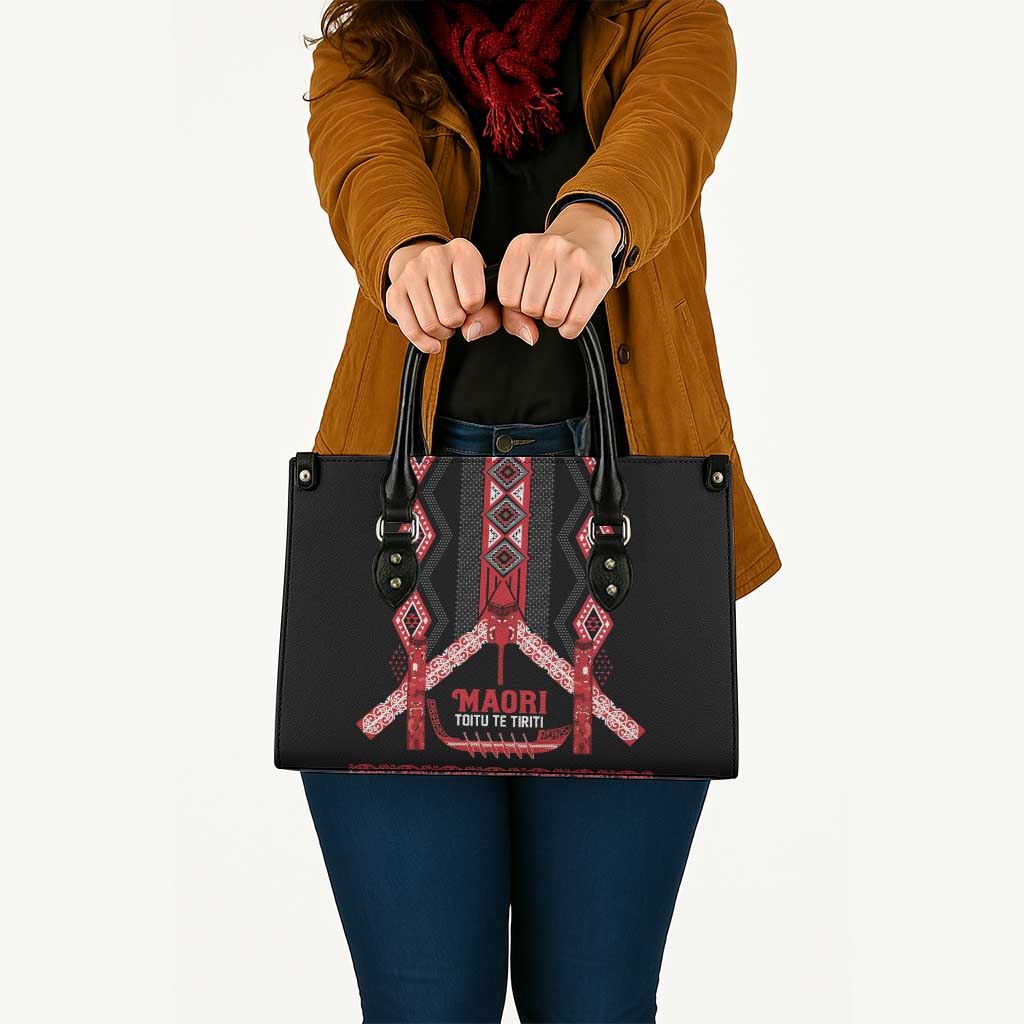 Toitu Te Tiriti Waitangi Leather Bag Black Wharenui House LT9 - Polynesian Pride