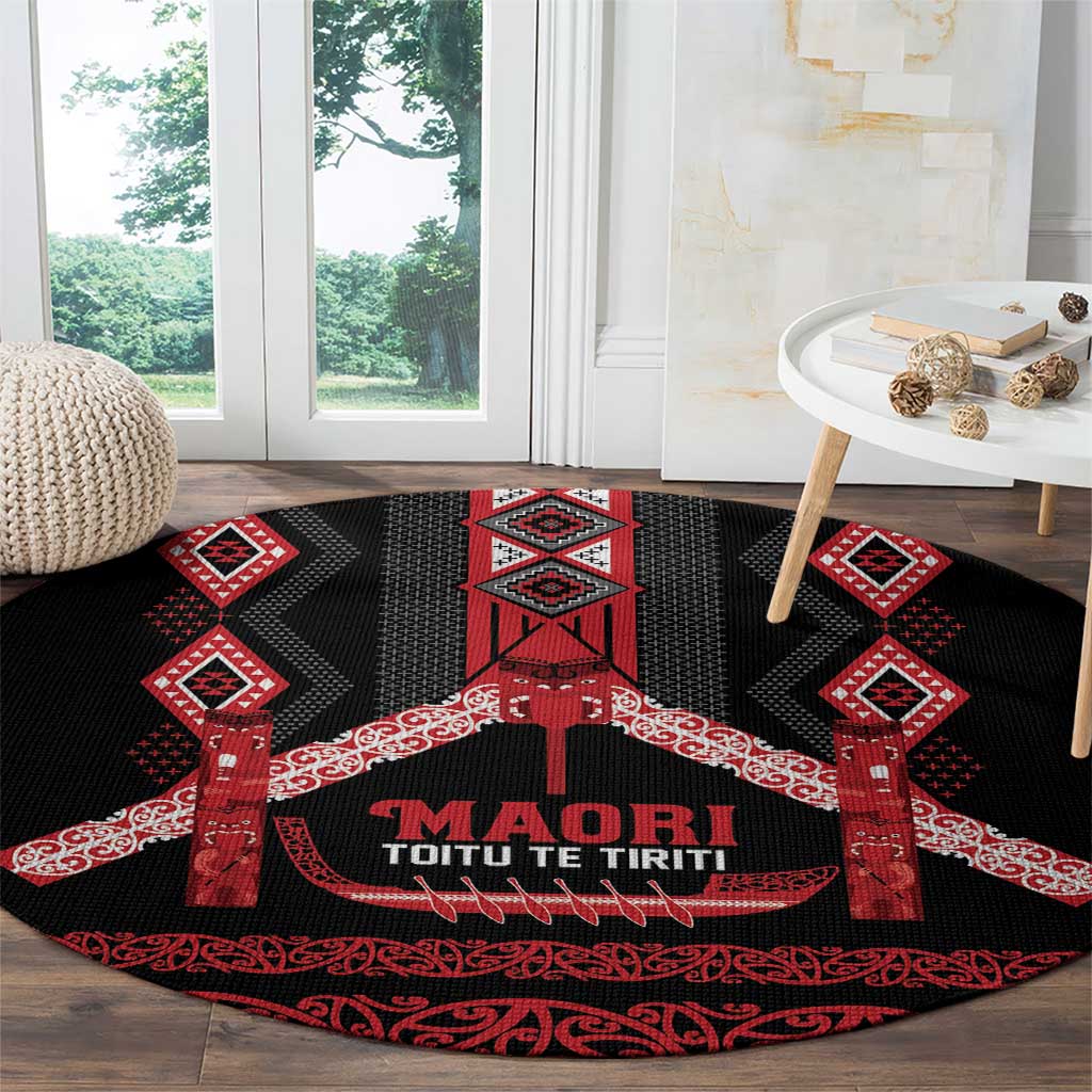 Toitu Te Tiriti Waitangi Round Carpet Black Wharenui House LT9 - Polynesian Pride