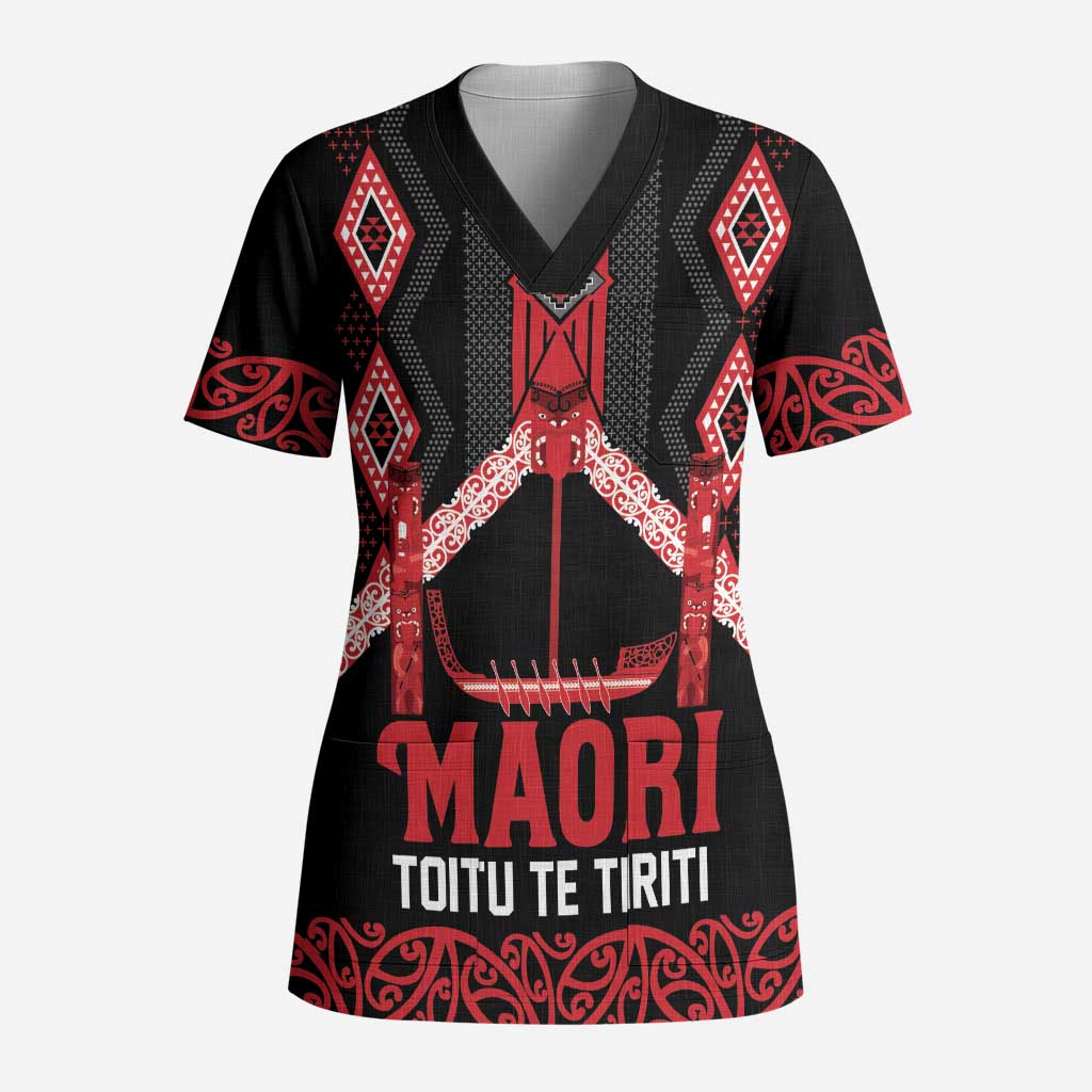 Toitu Te Tiriti Waitangi Scrub Top Black Wharenui House LT9 Adult Black - Polynesian Pride