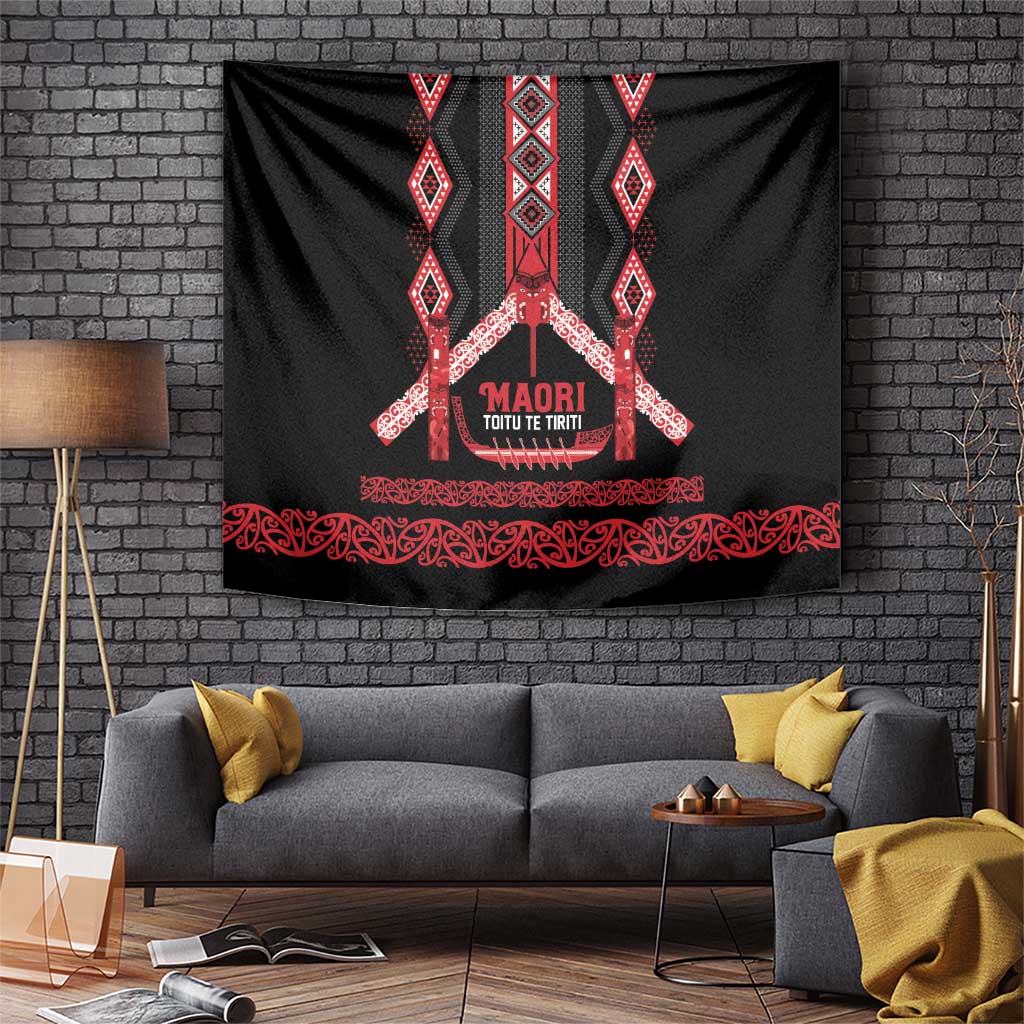 Toitu Te Tiriti Waitangi Tapestry Black Wharenui House LT9 Black - Polynesian Pride