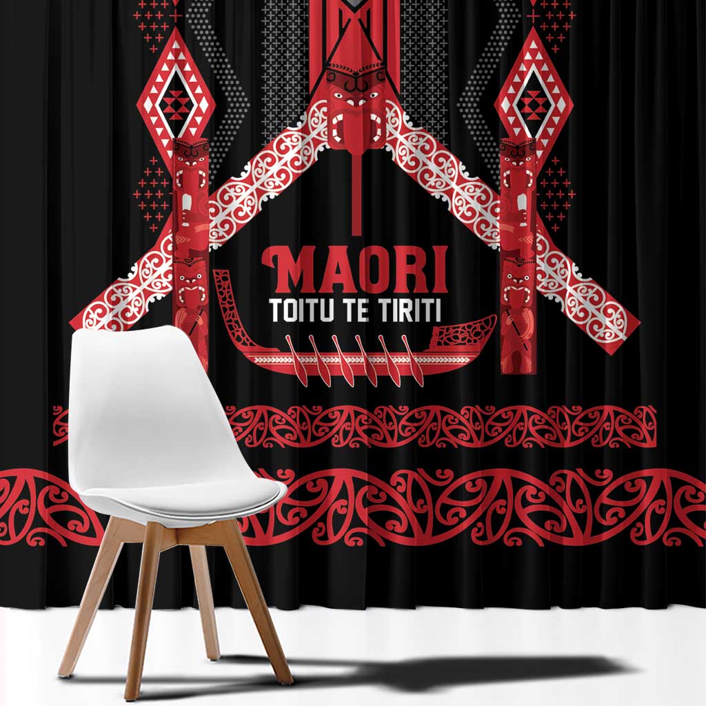 Toitu Te Tiriti Waitangi Window Curtain Black Wharenui House LT9 - Polynesian Pride