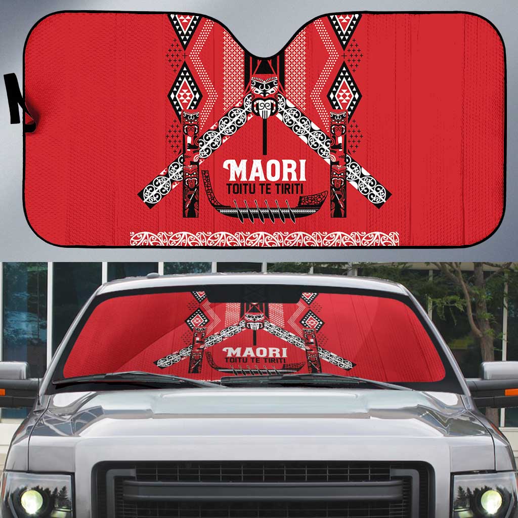 Toitu Te Tiriti Waitangi Auto Sun Shade Red Wharenui House LT9 Red - Polynesian Pride