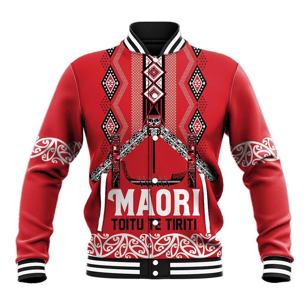 Toitu Te Tiriti Waitangi Baseball Jacket Red Wharenui House LT9 Unisex Red - Polynesian Pride
