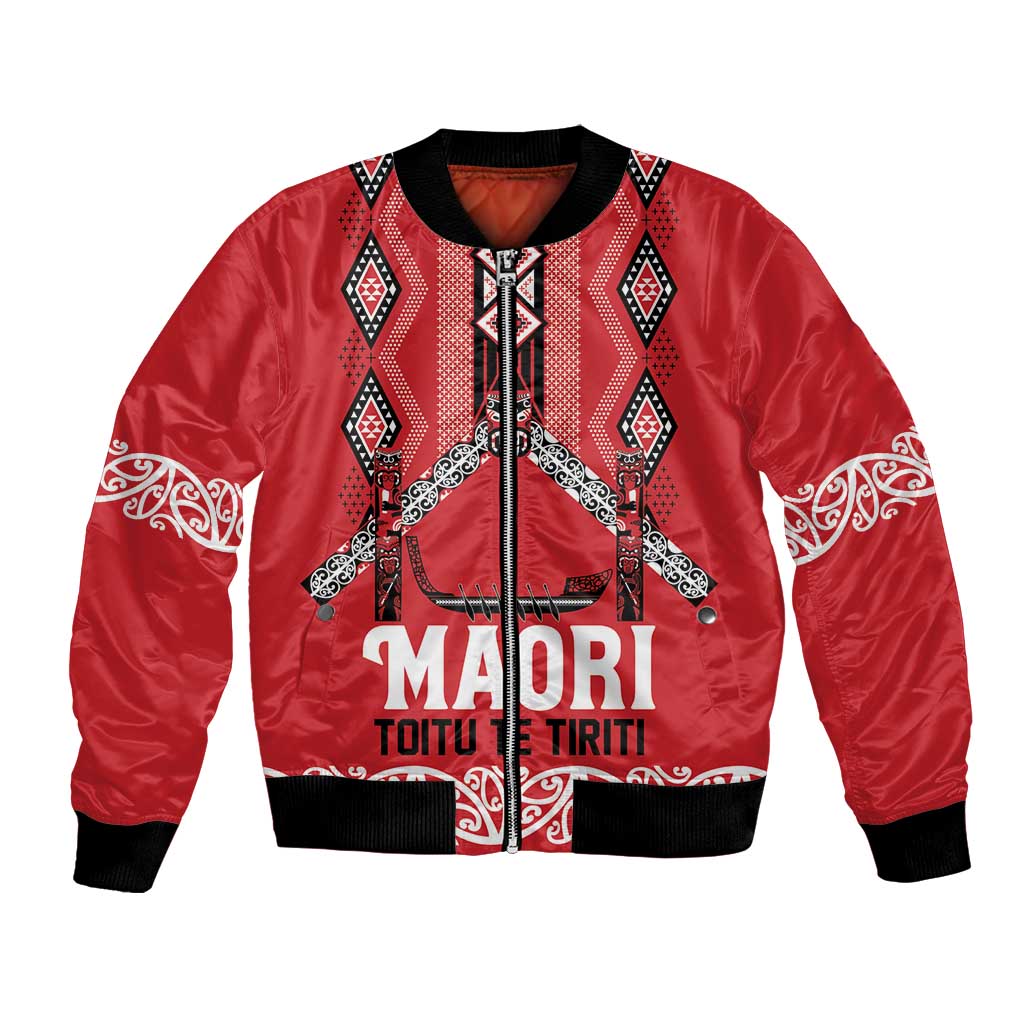 Toitu Te Tiriti Waitangi Bomber Jacket Red Wharenui House LT9 Unisex Red - Polynesian Pride