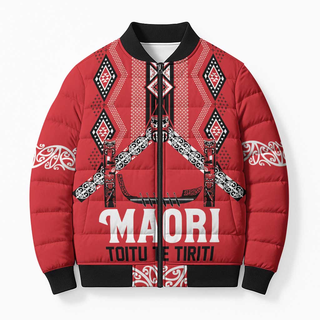 Toitu Te Tiriti Waitangi Bomber Puffer Jacket Red Wharenui House LT9 Unisex Red - Polynesian Pride