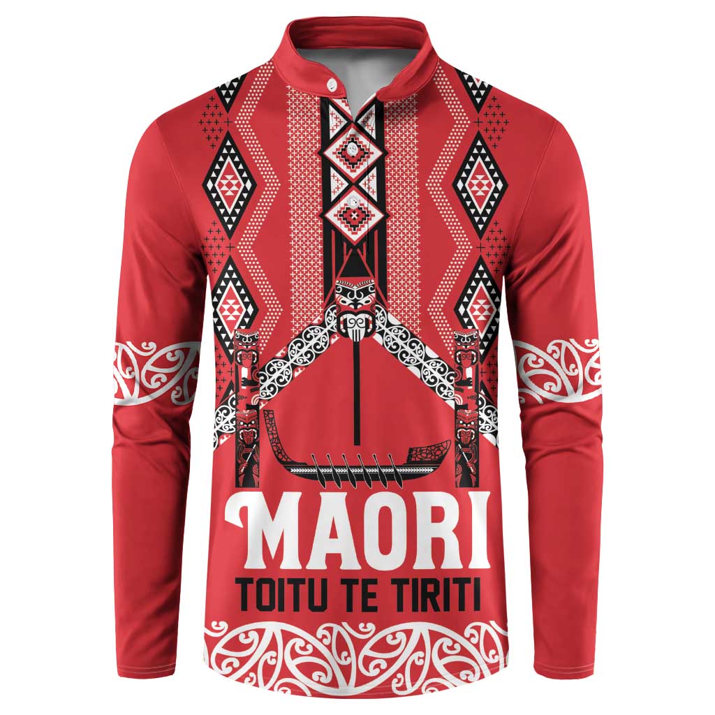 Toitu Te Tiriti Waitangi Button Sweatshirt Red Wharenui House LT9 Red - Polynesian Pride