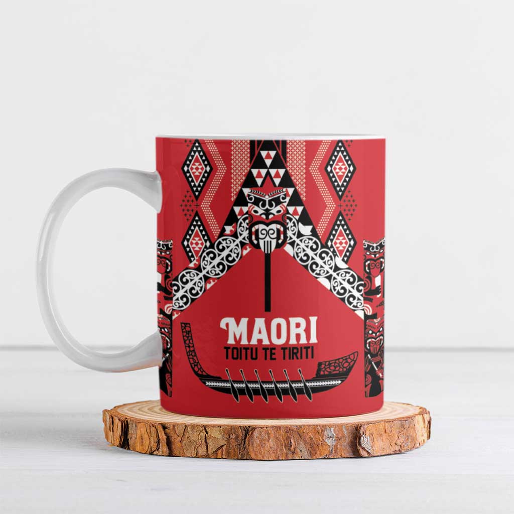 Toitu Te Tiriti Waitangi Ceramic Mug Red Wharenui House LT9 Red - Polynesian Pride
