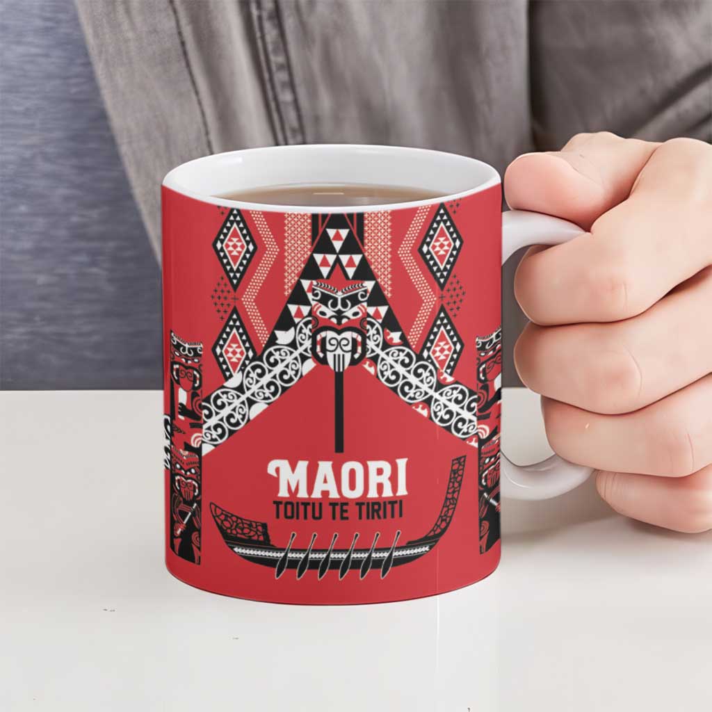 Toitu Te Tiriti Waitangi Ceramic Mug Red Wharenui House LT9 - Polynesian Pride